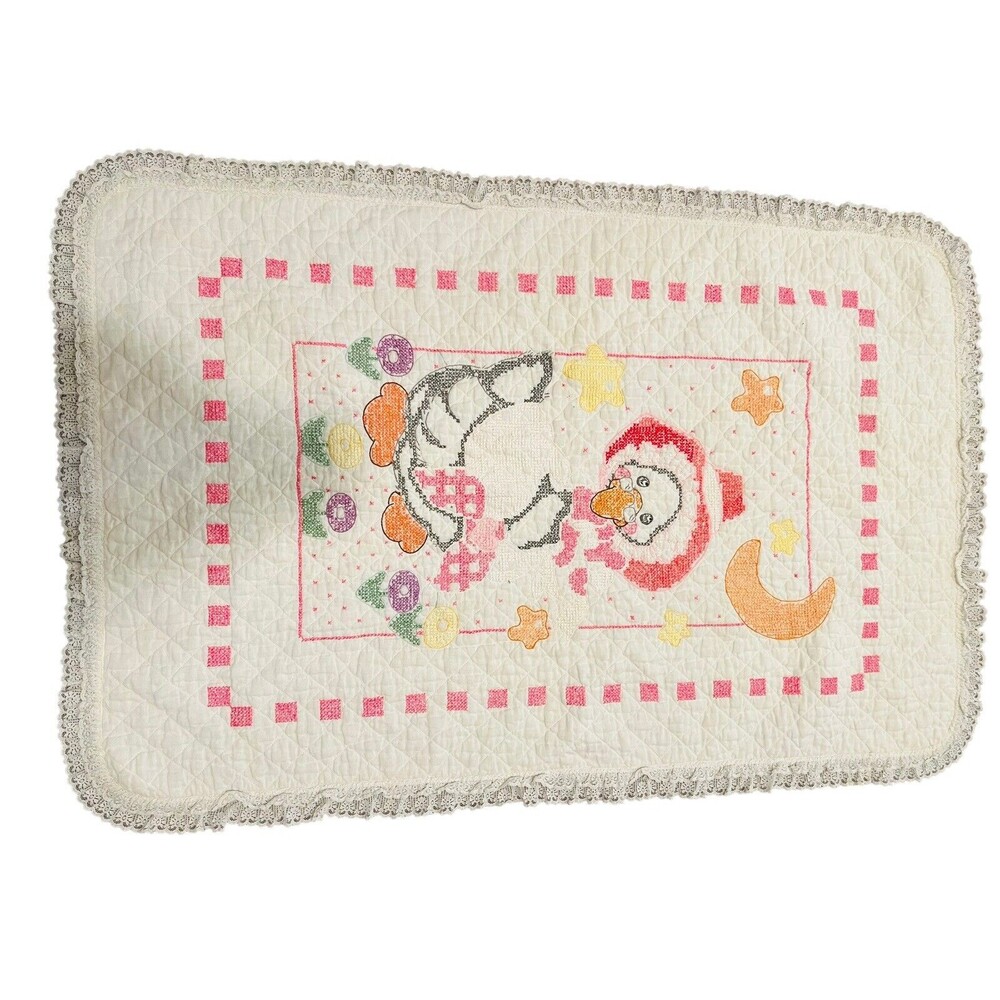 vintage baby quilt coverlet hand embroidered sweet  mother goose nursert blanket